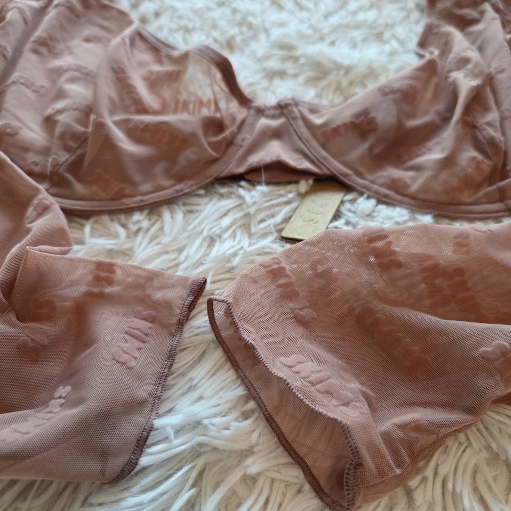 SKIMS After Hours Bra Top Long Sleeve Flocked Logo Mesh  ROSE CLAY 3X - Picture 4 of 13